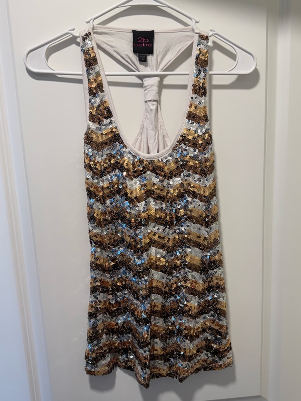 bebe White Tank Top with Gold and Silver Sequins